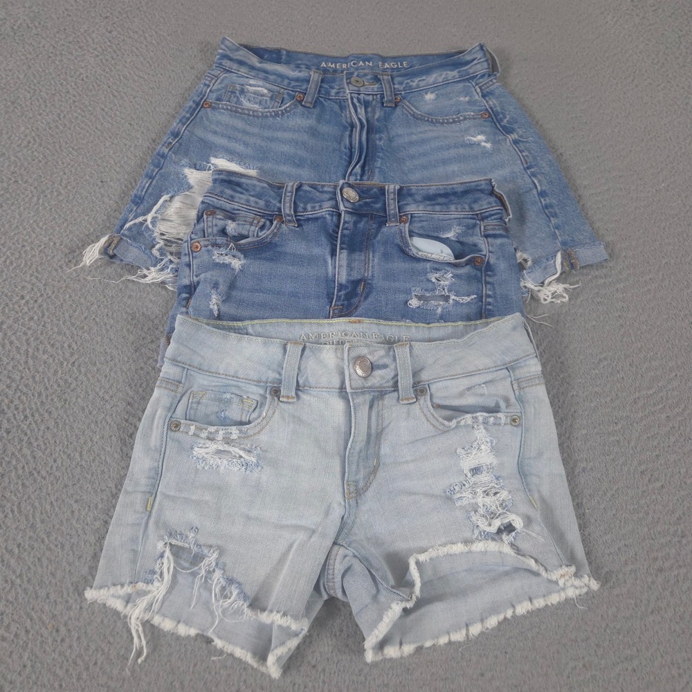 LOT OF 3 American Eagle Shorts Womens 0 Blue Mom Hi-Rise Shortie Midi Distressed